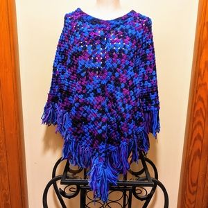 Vintage Crochet Purple and Blue Handmade Poncho Shawl